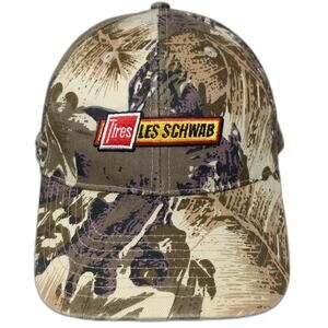 GO USA Les Schwab Tires Baseball Cap Beige Brown Camo Hat OS Logo Adjustable